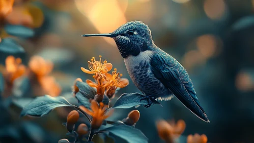 Resting Hummingbird with Orange Flowers