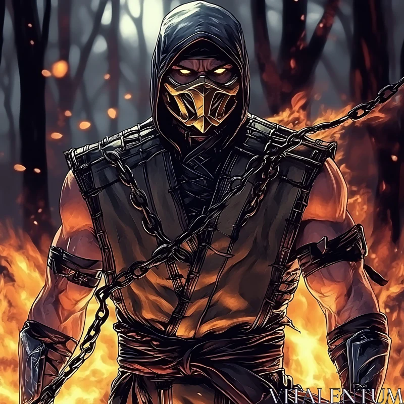 Hooded Warrior Amidst Inferno AI Image