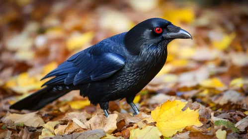 Black Raven on Fallen Leaves