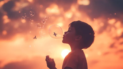 Child Blowing Bubbles at Sunset