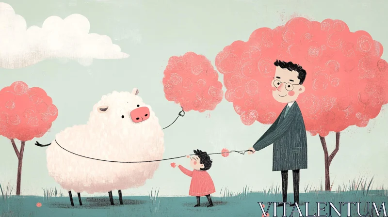 Child and Father with Sheep Cartoon AI Image
