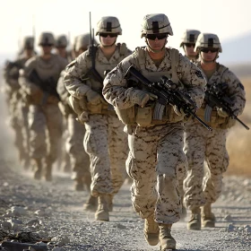 Camouflaged Unit Advancing in Desert