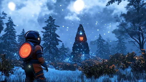 Lone Astronaut Gazing at Alien Monolith