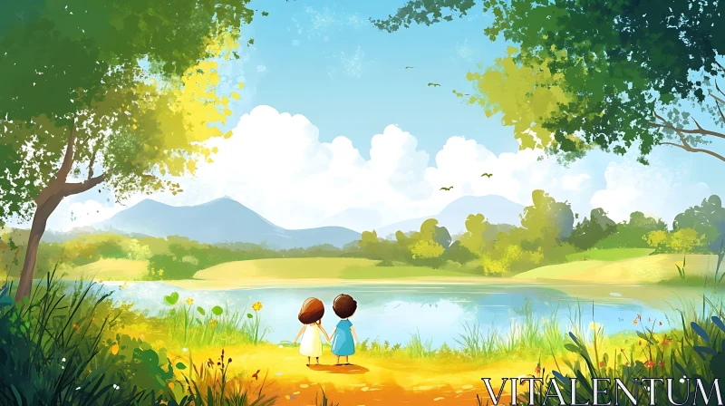 Serene Lakeside View with Children AI Image