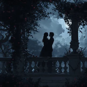 Silhouetted Couple in Moonlit Garden