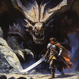 Fantasy Warrior Facing a Dragon