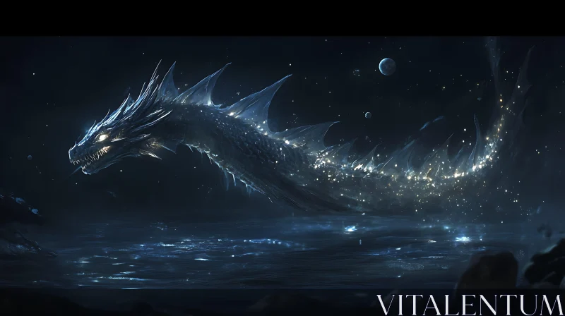 Mystical Water Dragon in Night Landscape AI Image