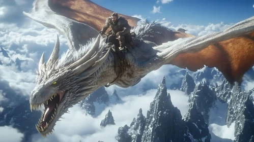 White Dragon and Rider Over Mountains