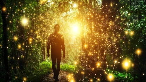 Man Walking in Illuminated Forest