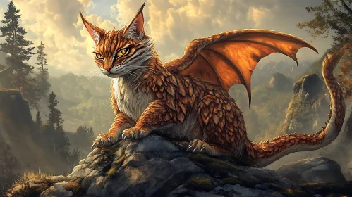 Winged Cat-Dragon Perched on Rocky Peak