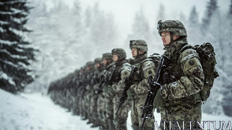 Camouflaged Troops in Snowy Landscape AI Image