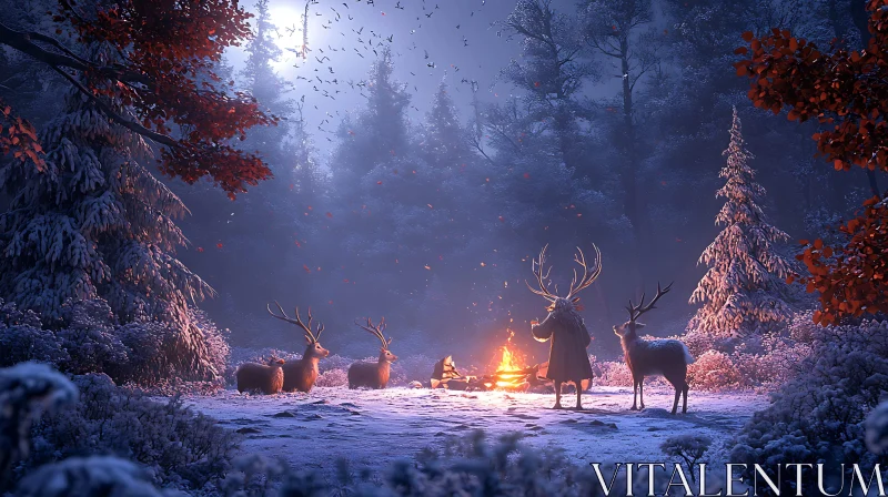 Deer Gathering in Snowy Woods AI Image