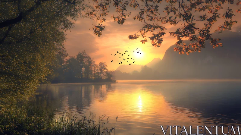 Golden Sunset at the Lake AI Image