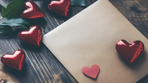 Hearts and Envelope on Wood