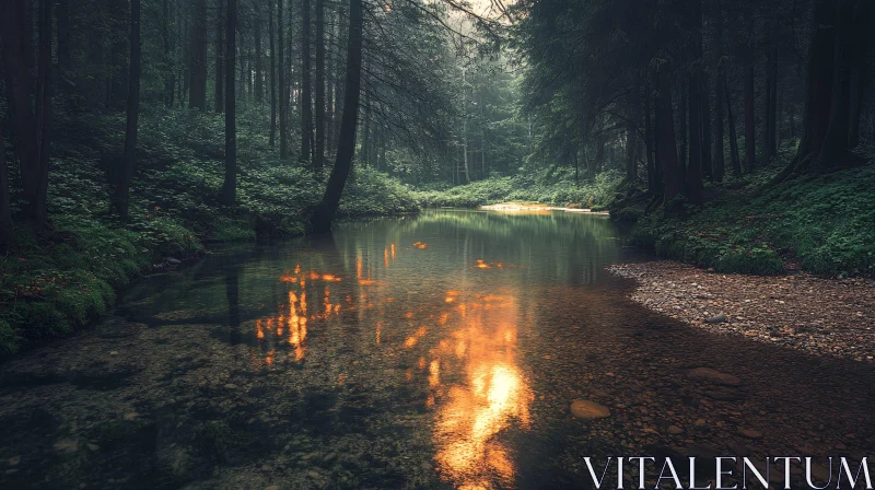 Calm River in a Dense Forest with Sunlit Reflections AI Image