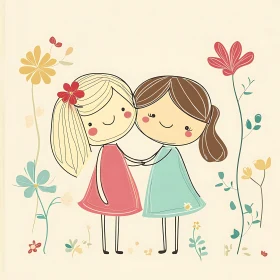 Charming Illustration of Two Girls with Flowers