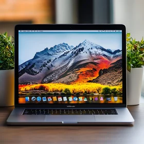 Laptop Displaying Scenic Mountain and Forest Desktop Wallpaper
