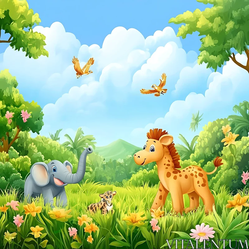 AI ART Jungle Animals in a Cartoon Landscape