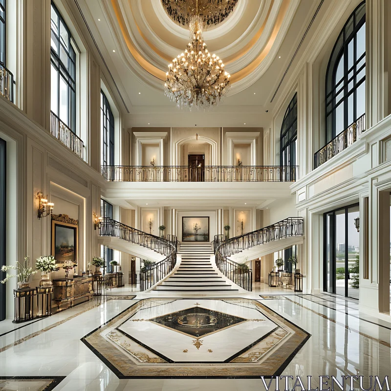 AI ART Elegant Lobby with Staircase and Chandelier