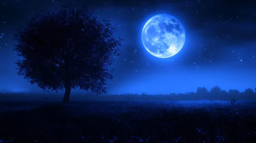 Moonlit Night with Tree and Starry Sky