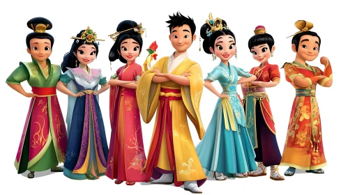 Cartoon Figures in Ancient Chinese Costumes