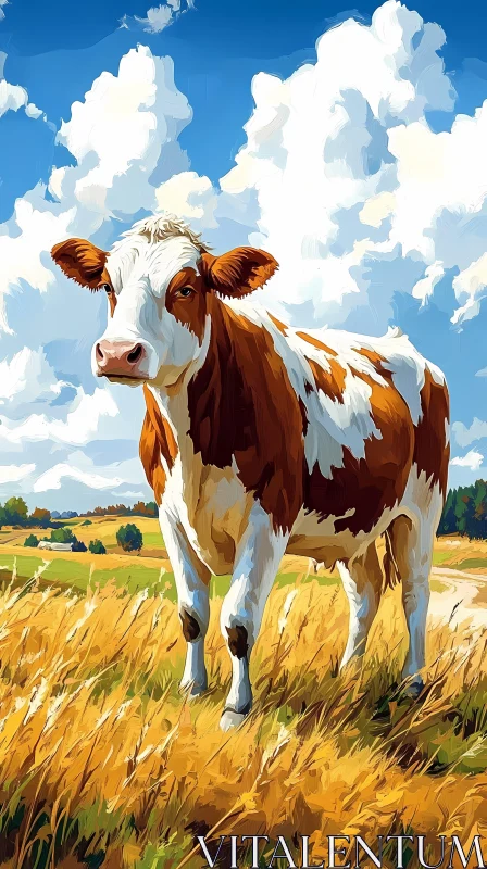 Majestic Cow Under Cloudy Sky AI Image