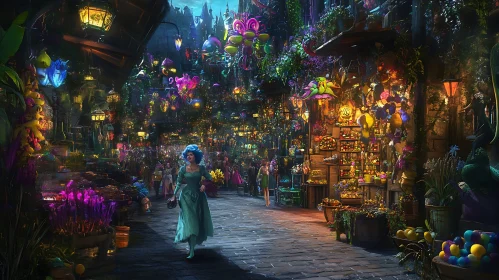 Colorful Lanterns Illuminate a Fantasy Market Street