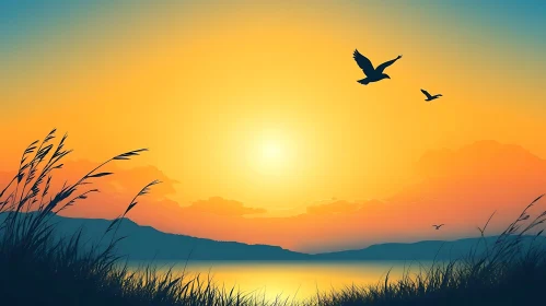 Birds Silhouetted Against Sunset Sky