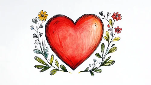 Red Heart with Floral Decorations Drawing