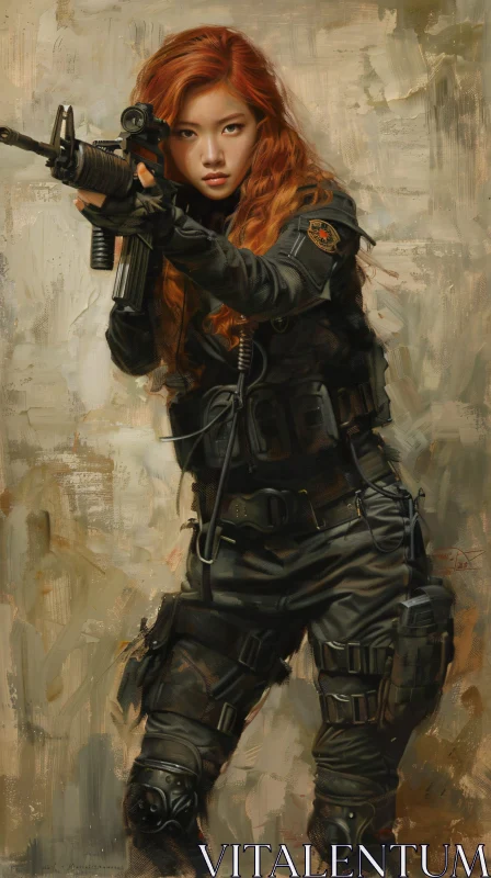 AI ART Red-Haired Woman in Tactical Gear Aiming Rifle