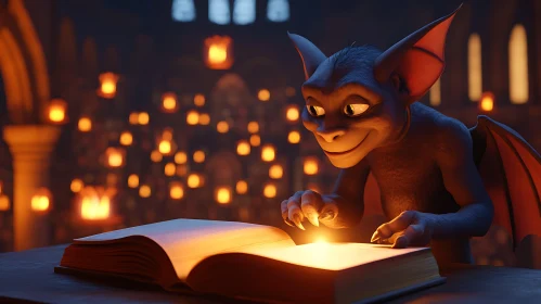 Whimsical Gargoyle with Glowing Book