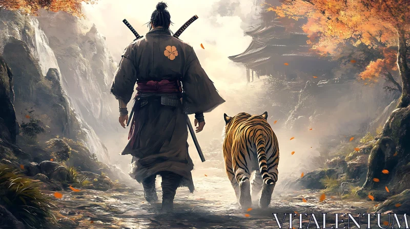 AI ART Warrior and Feline Companion on Autumn Path