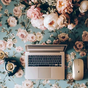 Stylish Workspace with Floral Decor and Modern Gadgets