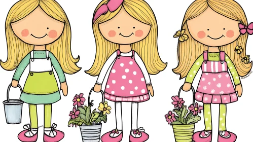 Charming Cartoon Girls Holding Flowers