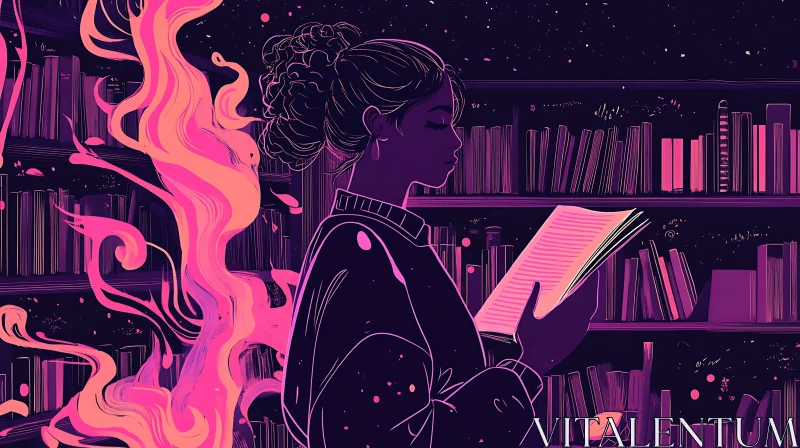 AI ART Silhouette Reader in Library with Pink Smoke