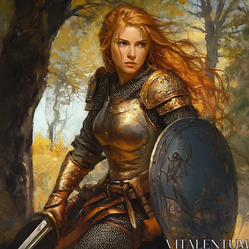 Red-Haired Woman Warrior with Sword AI Image