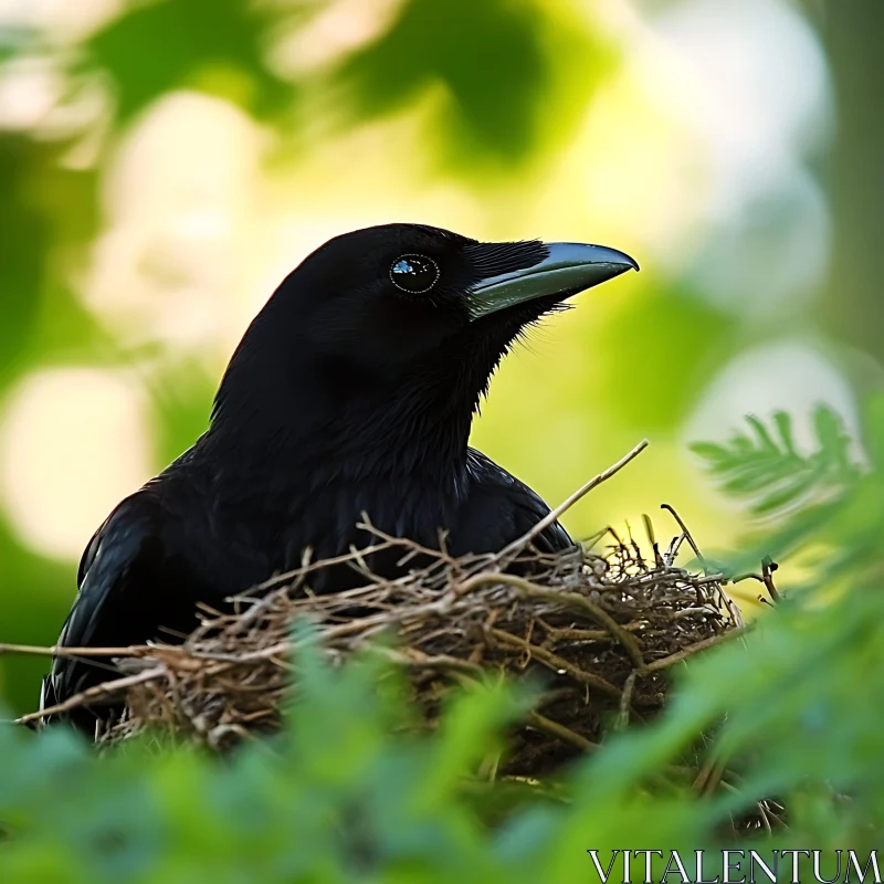 Crow Nesting in Greenery AI Image