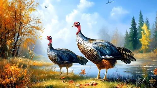 Two Turkeys by the Lake