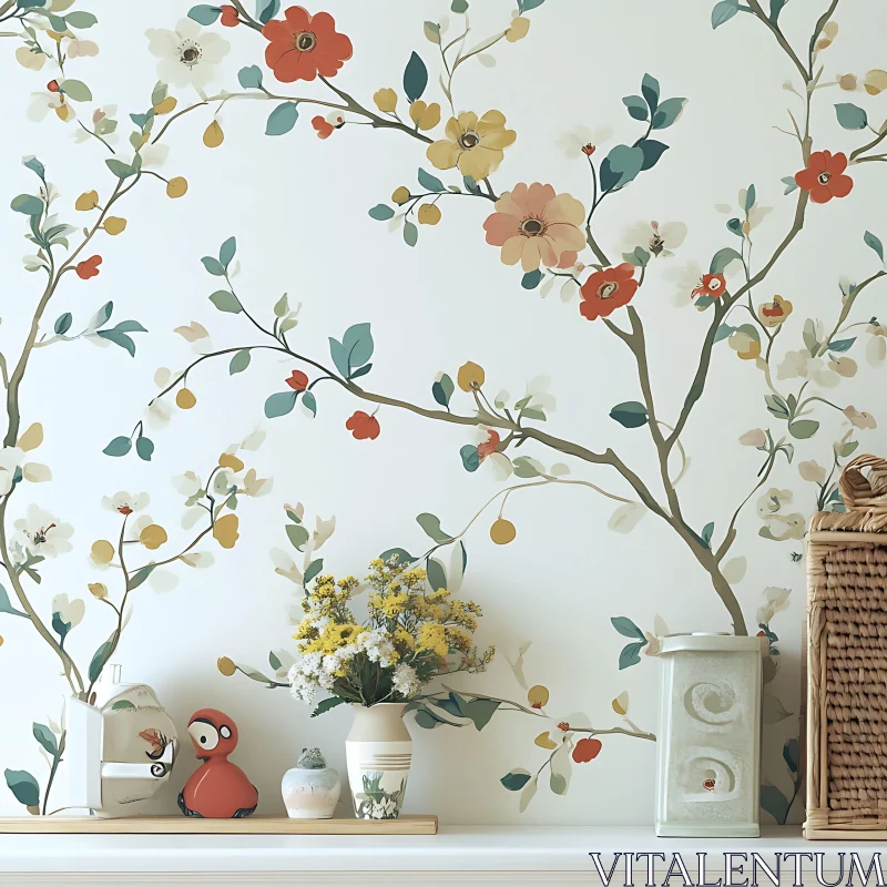 Vintage Floral Wallpaper with Decorative Accents AI Image