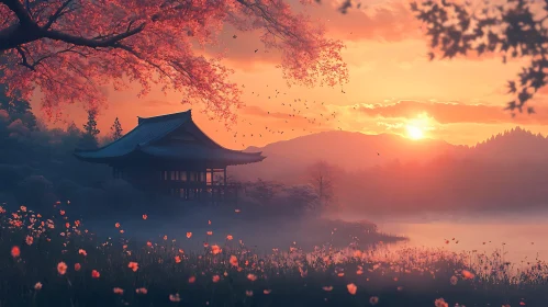 Tranquil Temple Sunset with Blooming Flowers