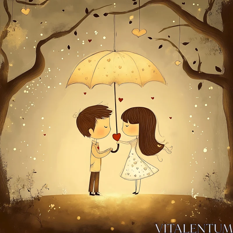 Sweet Cartoon Love Scene with Umbrella AI Image