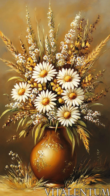 AI ART White Daisies in an Earthy Vase Still Life