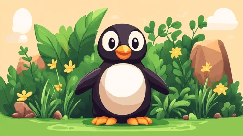 Cute Penguin Among Flowers