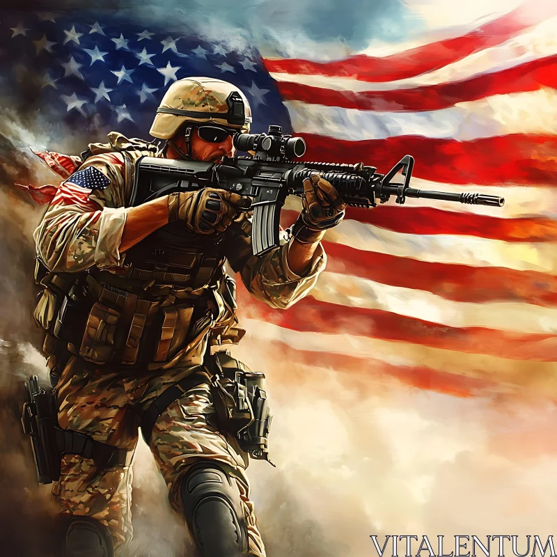 Patriotic Soldier with Rifle and Flag AI Image