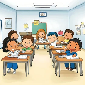 Cartoon Students in a Bright Classroom