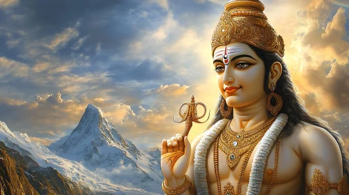 Serene Deity Portrait with Mountain Backdrop