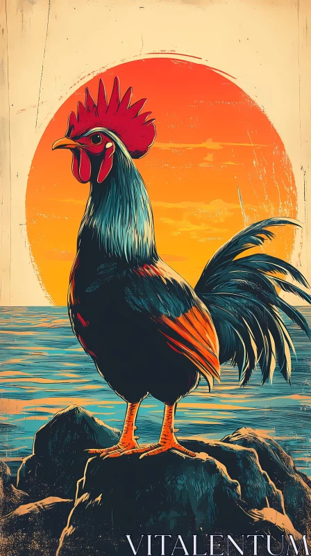 Colorful Rooster by the Sea AI Image