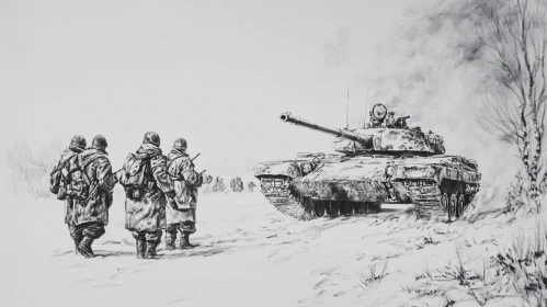 Military Tank and Troops in Snow