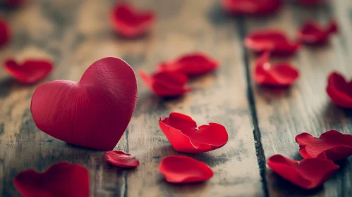 Heart and Rose Petals on Wood