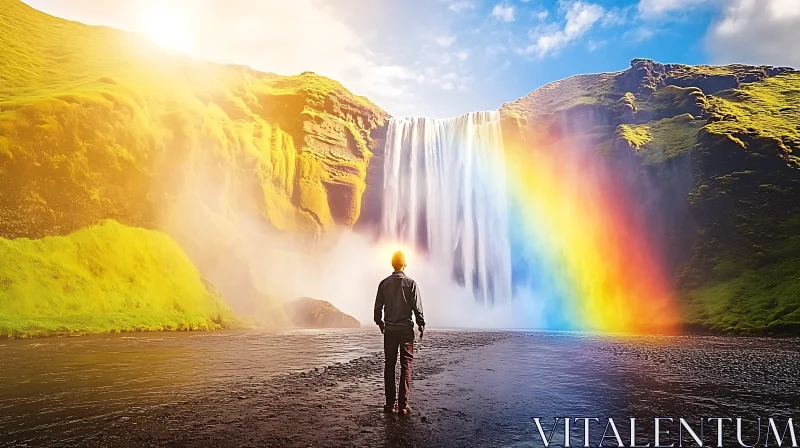 Serene Waterfall and Vibrant Rainbow Scene AI Image